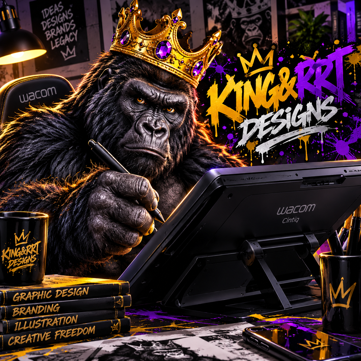 KING&RRT Designs crowned gorilla artist drawing on a Wacom Cintiq tablet